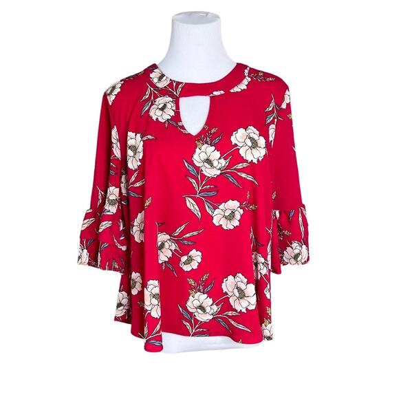 URBAN Romantics Red Floral Swing Blouse LARGE Keyhole Neck Ruffle Sleeves NWOT - Picture 1 of 9